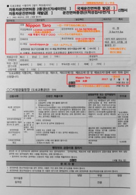 example of form of Korean International Driving Permit