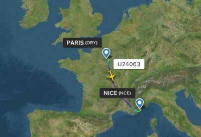 flight rouet U24063 ORY to NCE. Image is screen capture of "Flight rader24" apps.