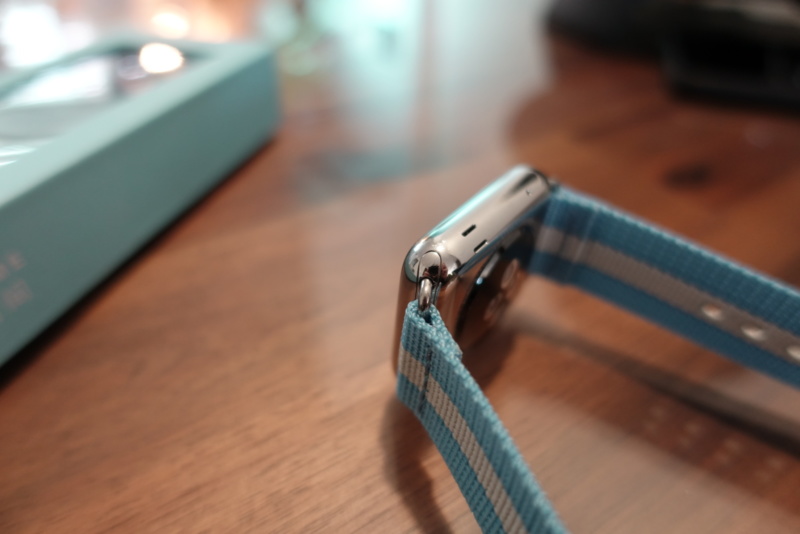 close up of connection of TOMS for Apple watch band 42mm Light Blue Stripe
